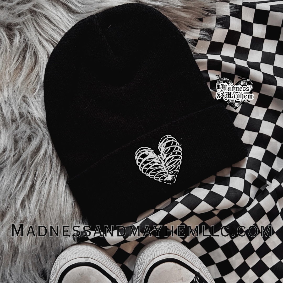 Heart ribcage embroidered beanie