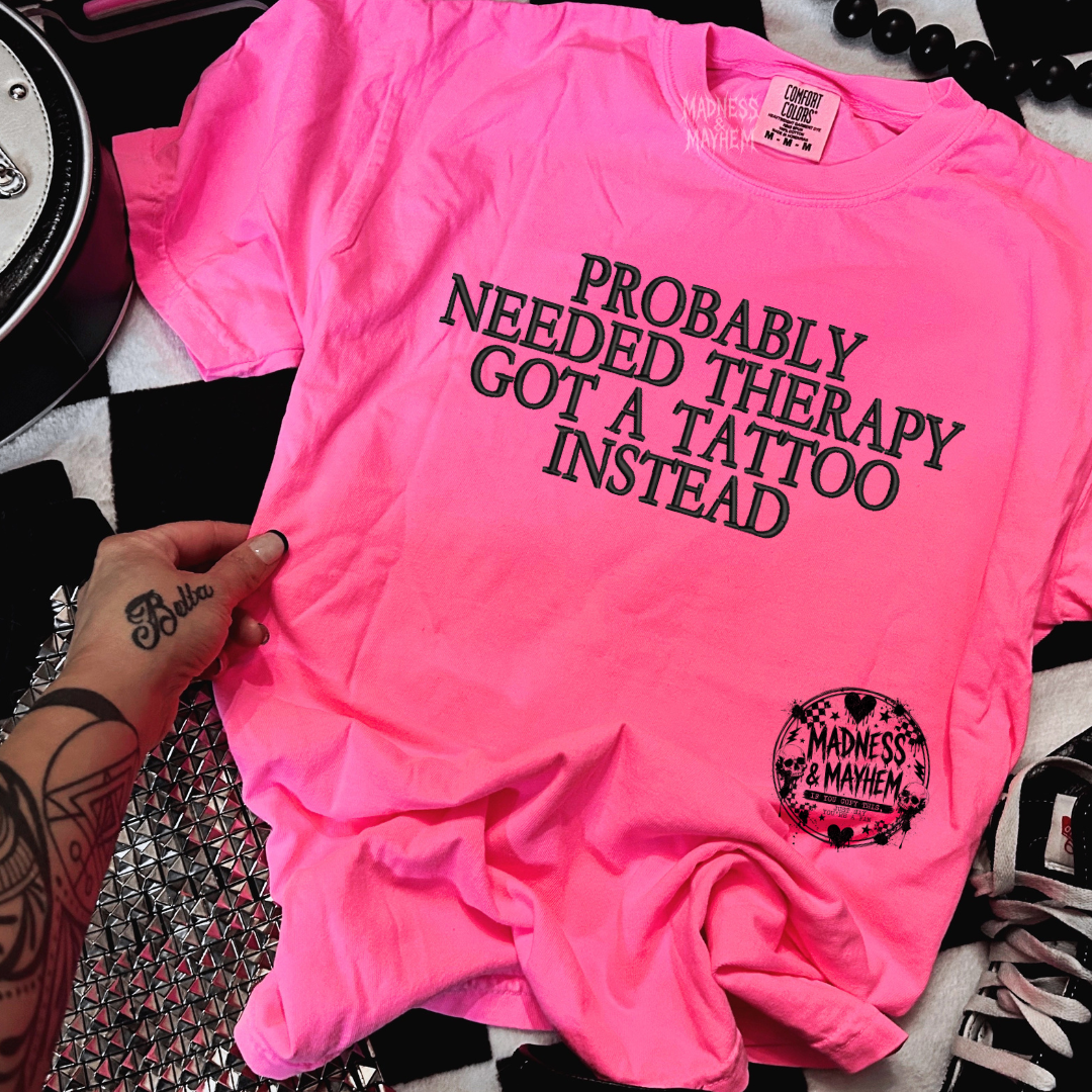 Neon pink tattoo therapy embroidered tshirt