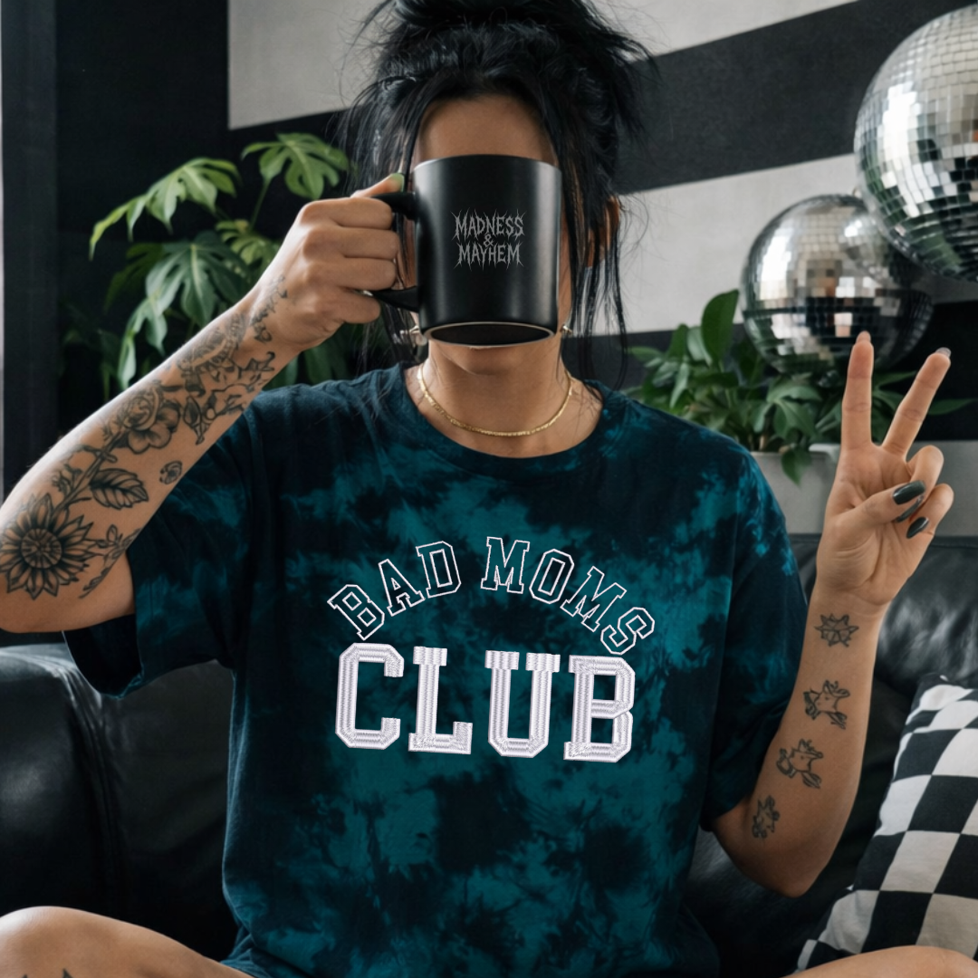 Teal bad moms club embroidered tie dye T-shirt