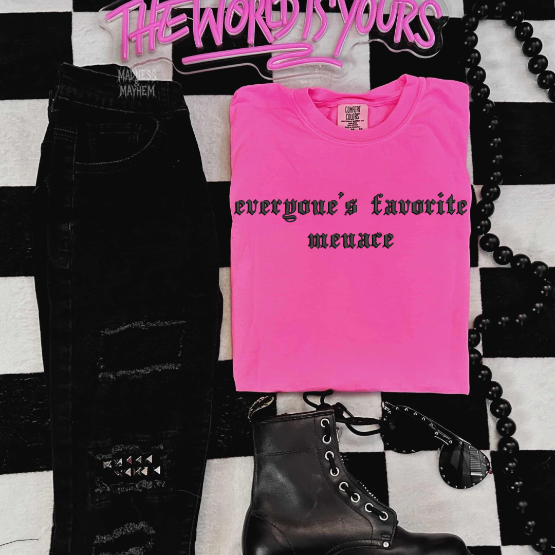 Neon pink Favorite menace embroidered tshirt