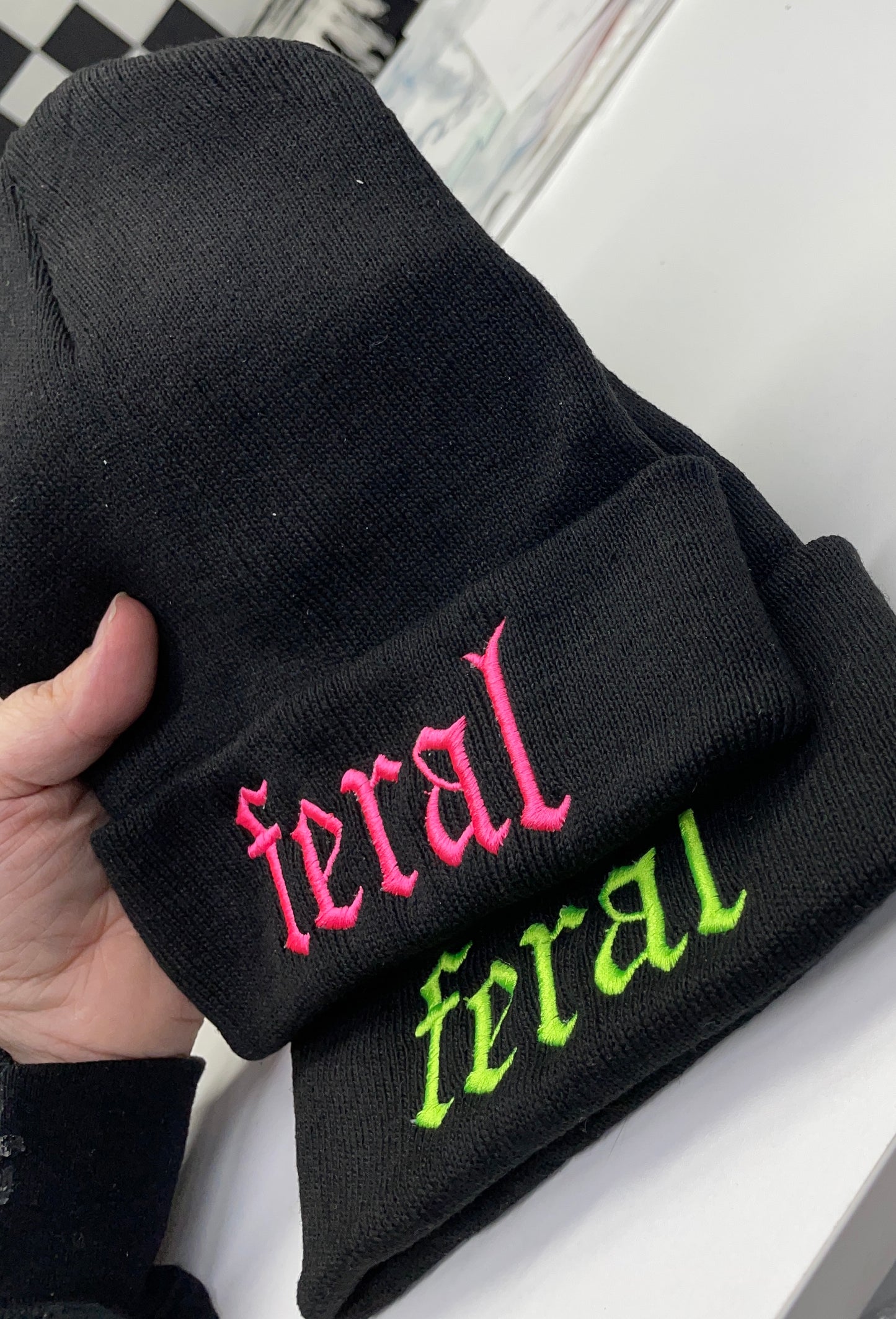 Neon Green Feral embroidered beanie