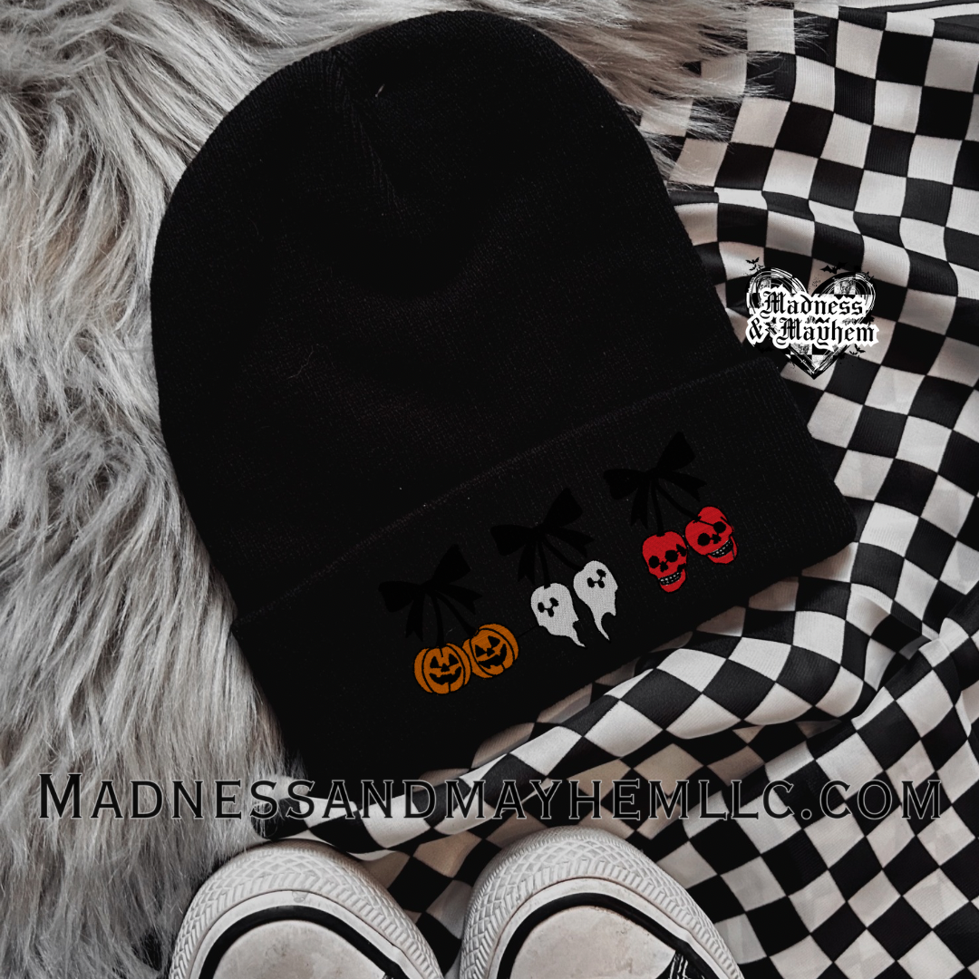 Spooky cherries embroidered beanie