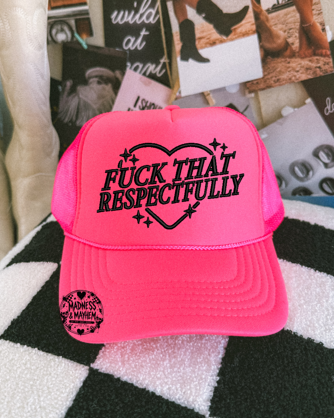 Neon pink fuck that embroidered Trucker Hat