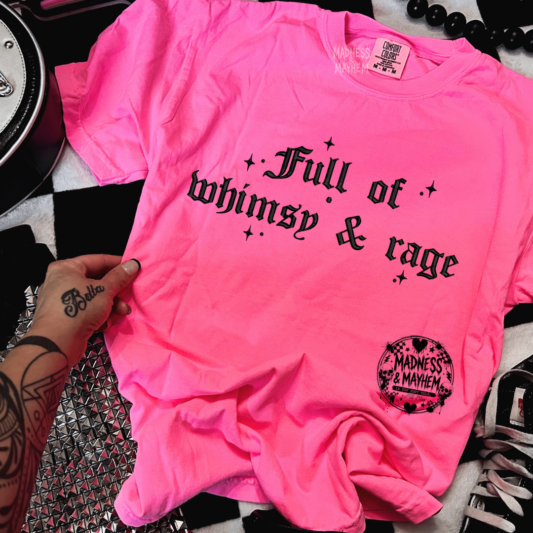 Neon pink Whimsy & rage embroidered tshirt