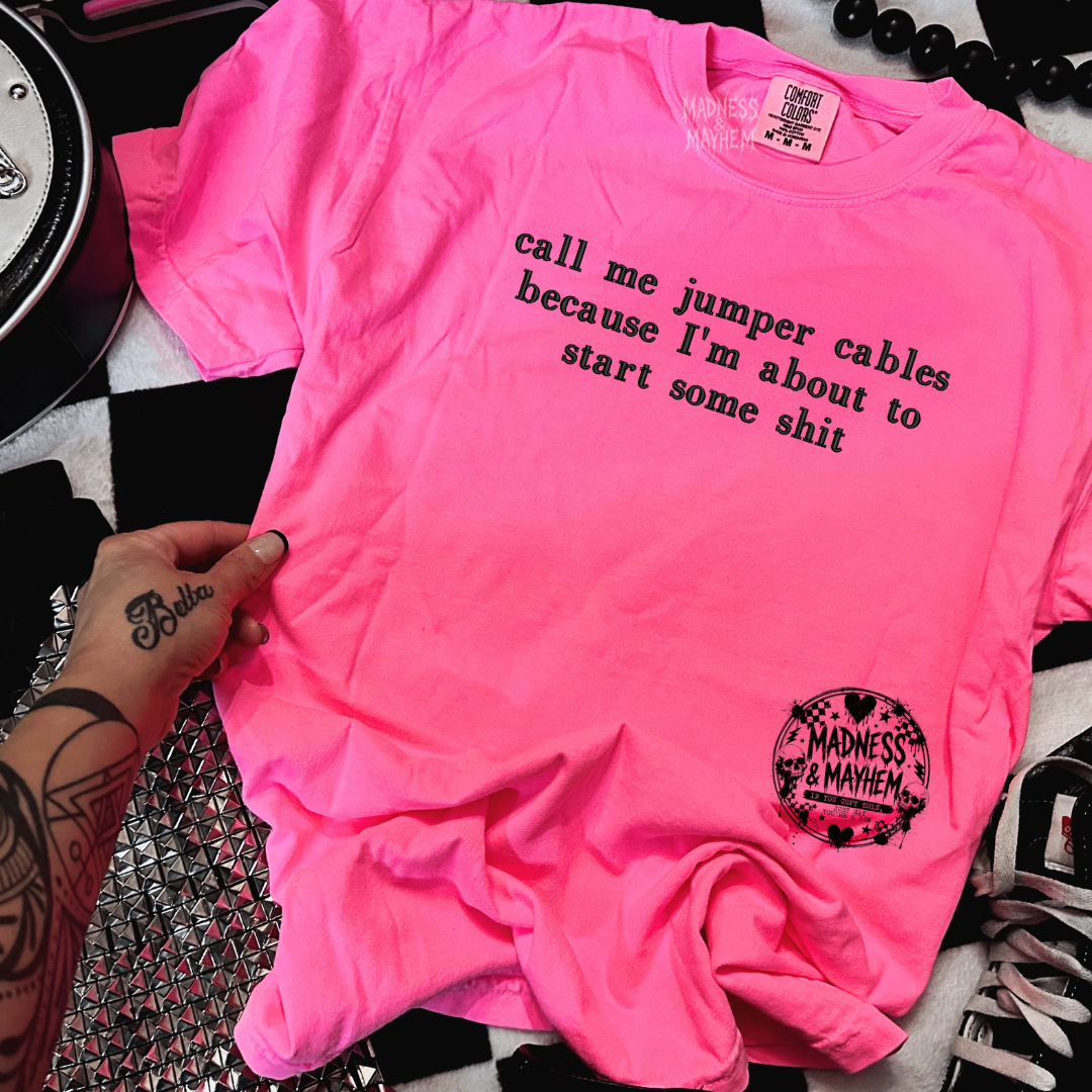 Neon pink jumper cables embroidered tshirt