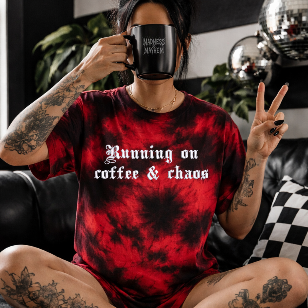 Coffee & chaos embroidered tie dye T-shirt