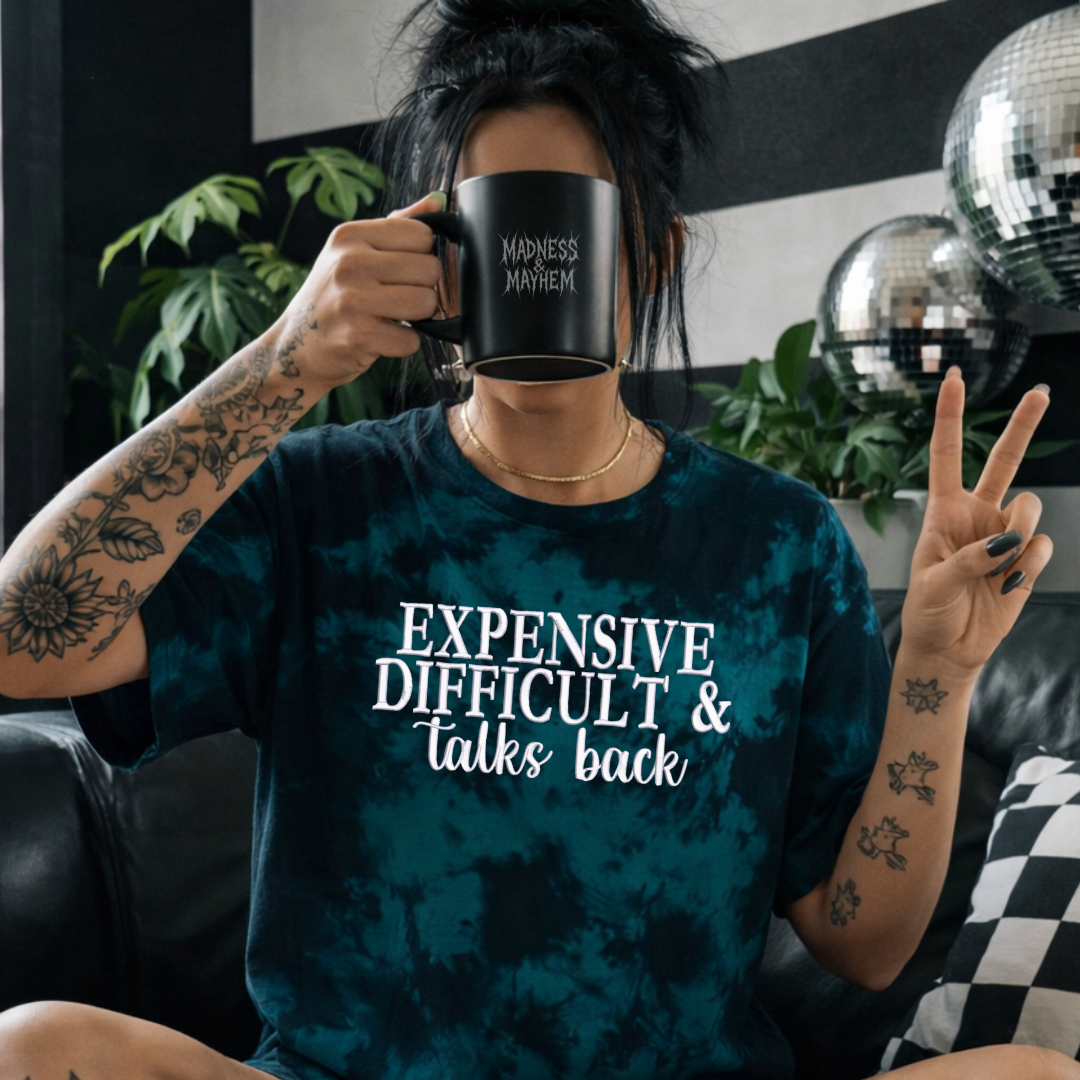 Teal expensive difficult talks back embroidered tie dye T-shirt