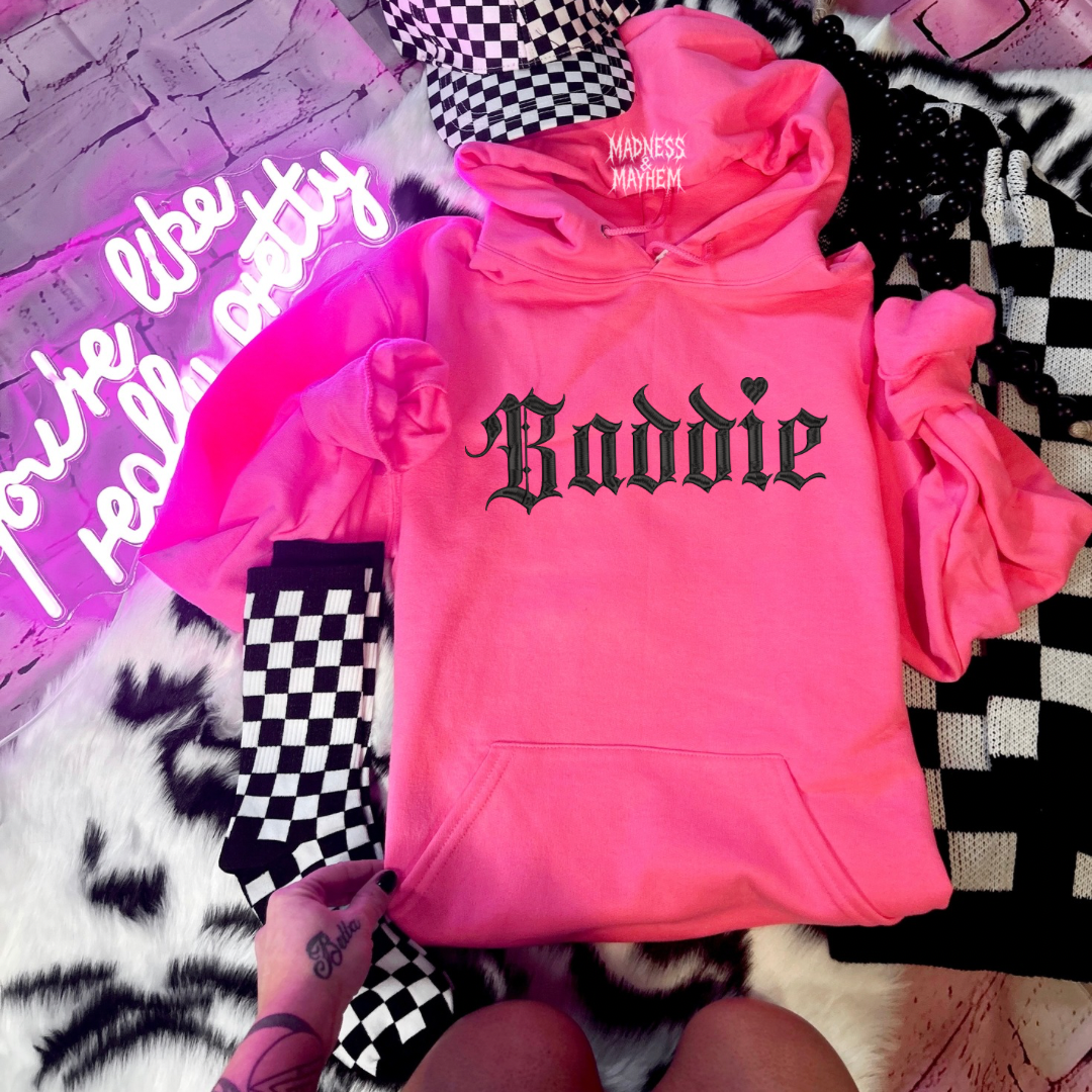 Neon pink baddie Embroidered Hoodie