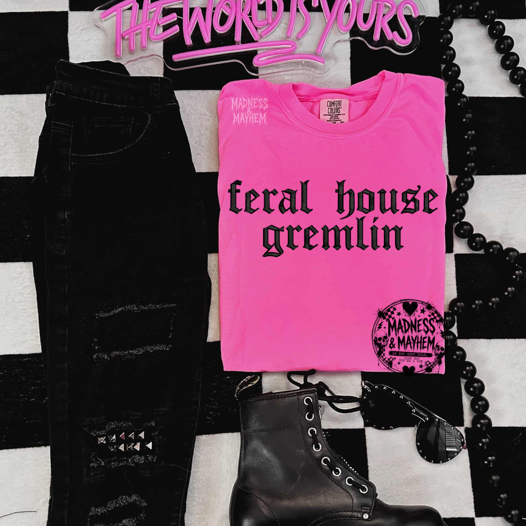 Neon pink feral house gremlin embroidered tshirt