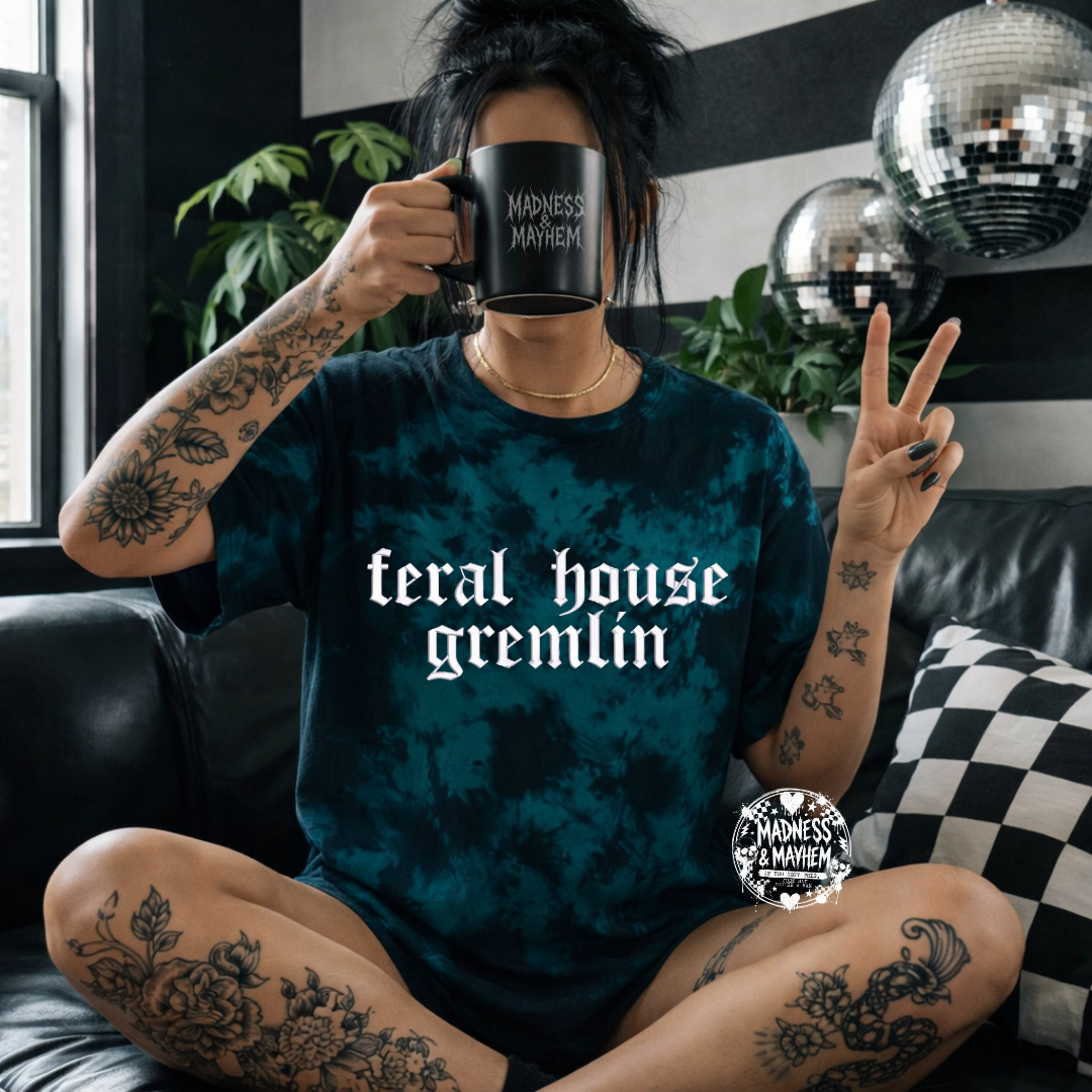 Teal feral house gremlin embroidered tie dye T-shirt
