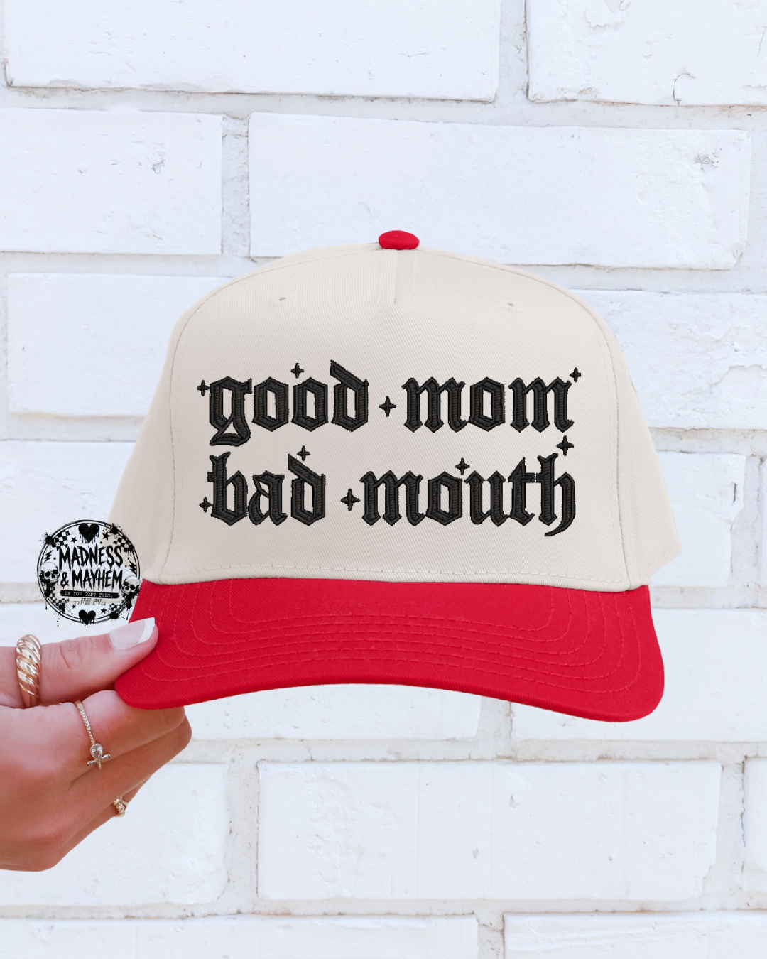 Good mom bad mouth embroidered red/nautral Hat