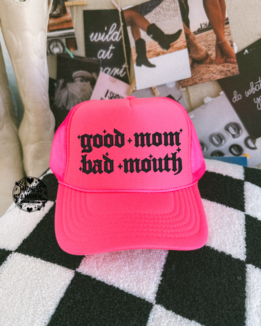 Neon pink Good mom bad mouth embroidered Trucker Hat