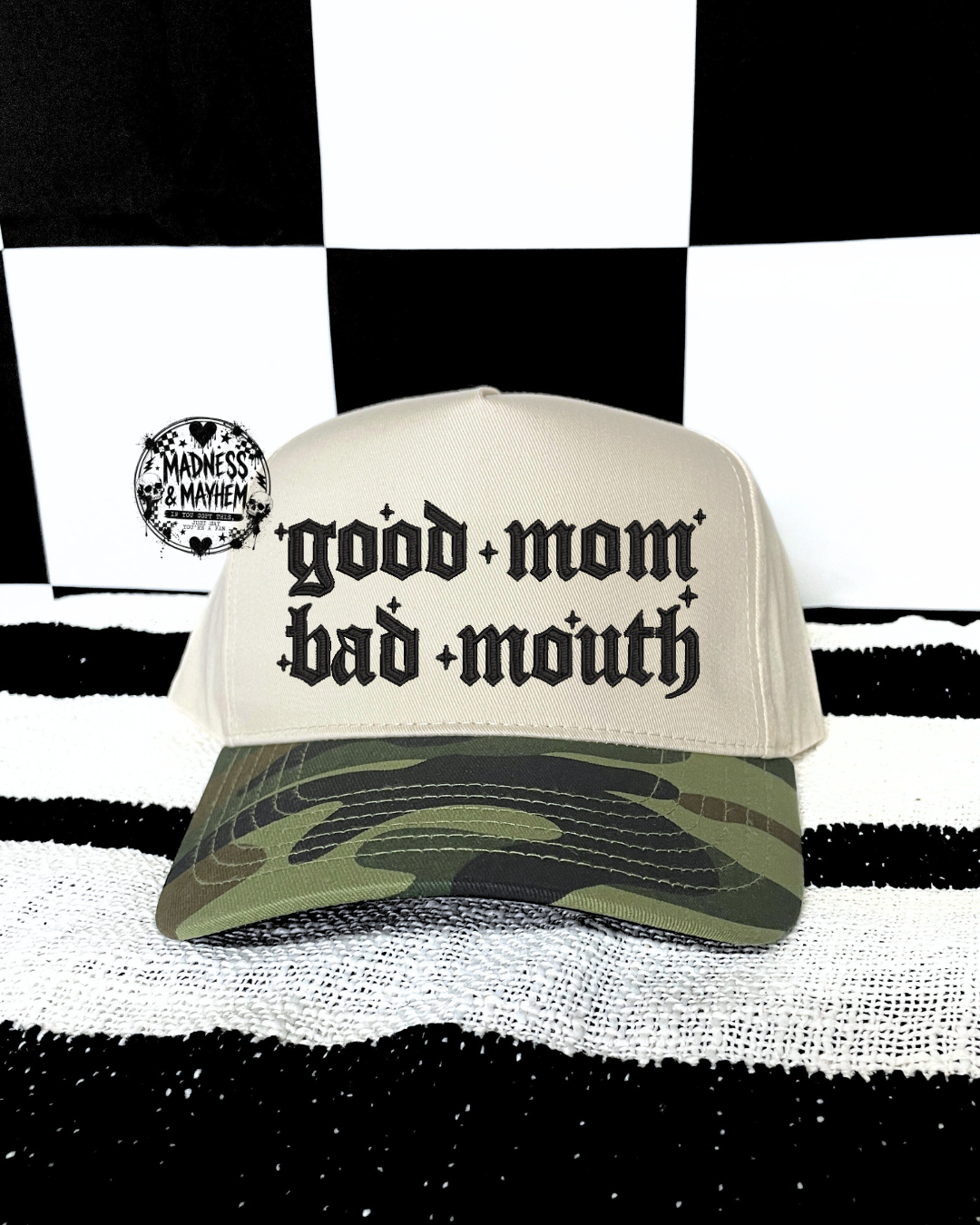 Good mom bad mouth camo embroidered Hat