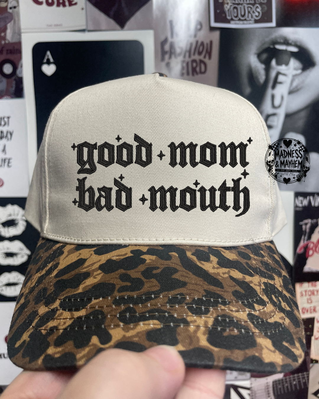 Good mom bad mouth Leopard embroidered hat