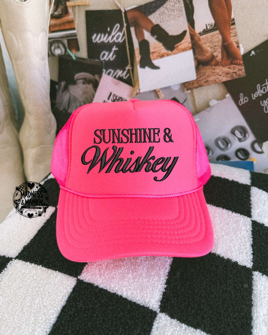 Neon pink sunshine & whiskey embroidered Trucker Hat