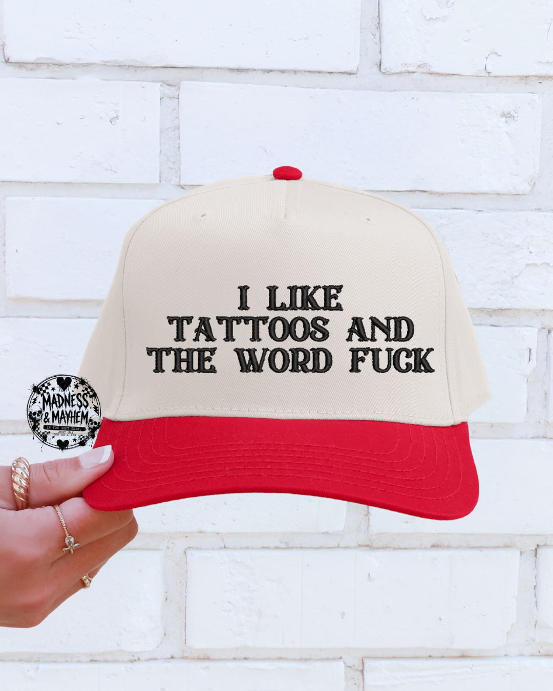 Tattoos & the word fuck embroidered red/nautral Hat