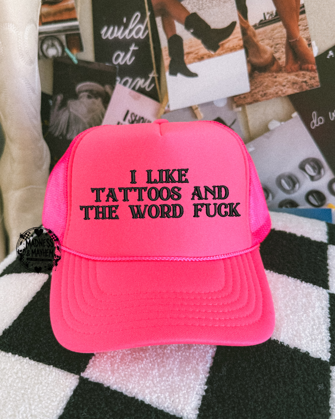 Neon pink tattoos & the word fuck embroidered Trucker Hat