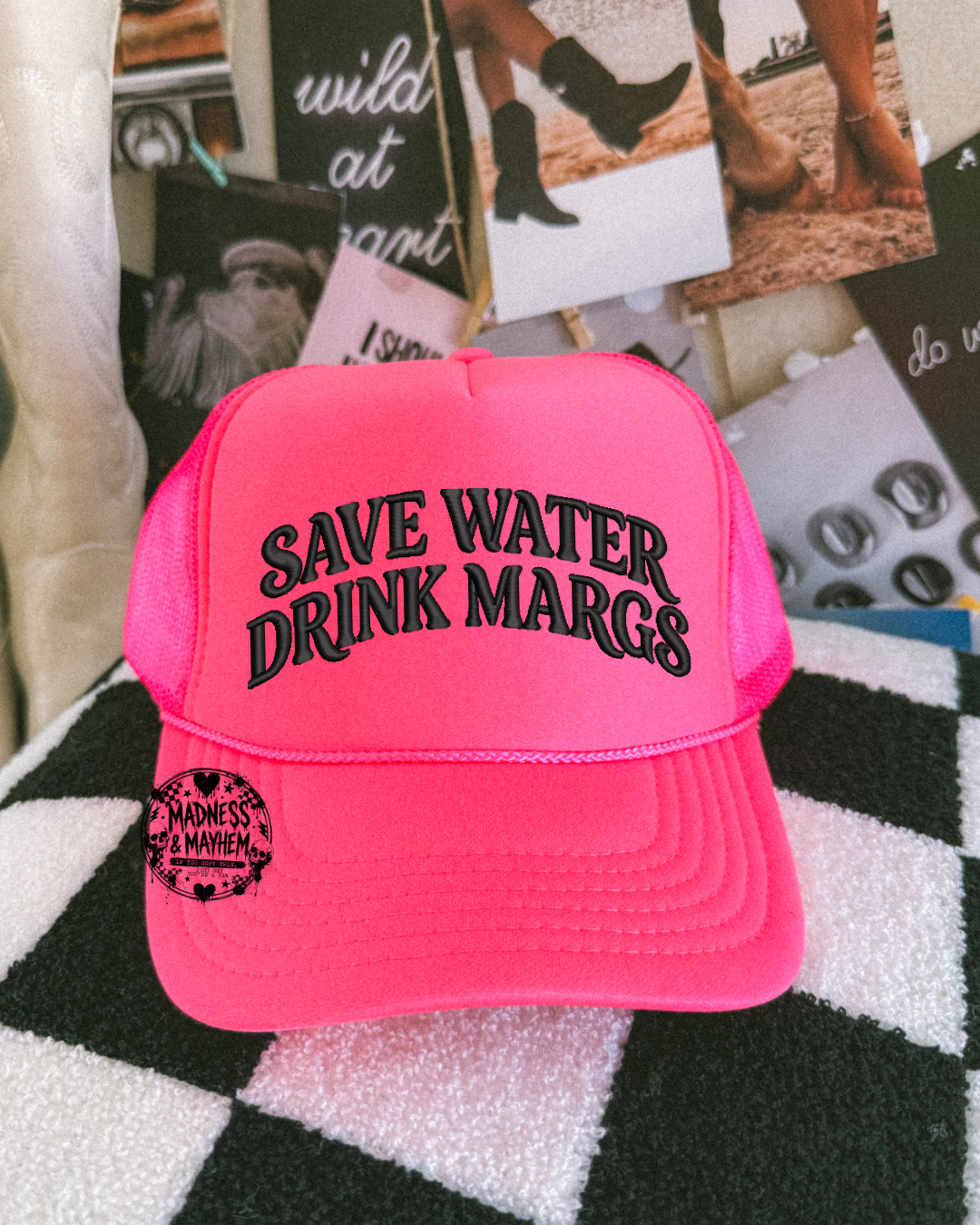 Neon pink drink margs embroidered Trucker Hat
