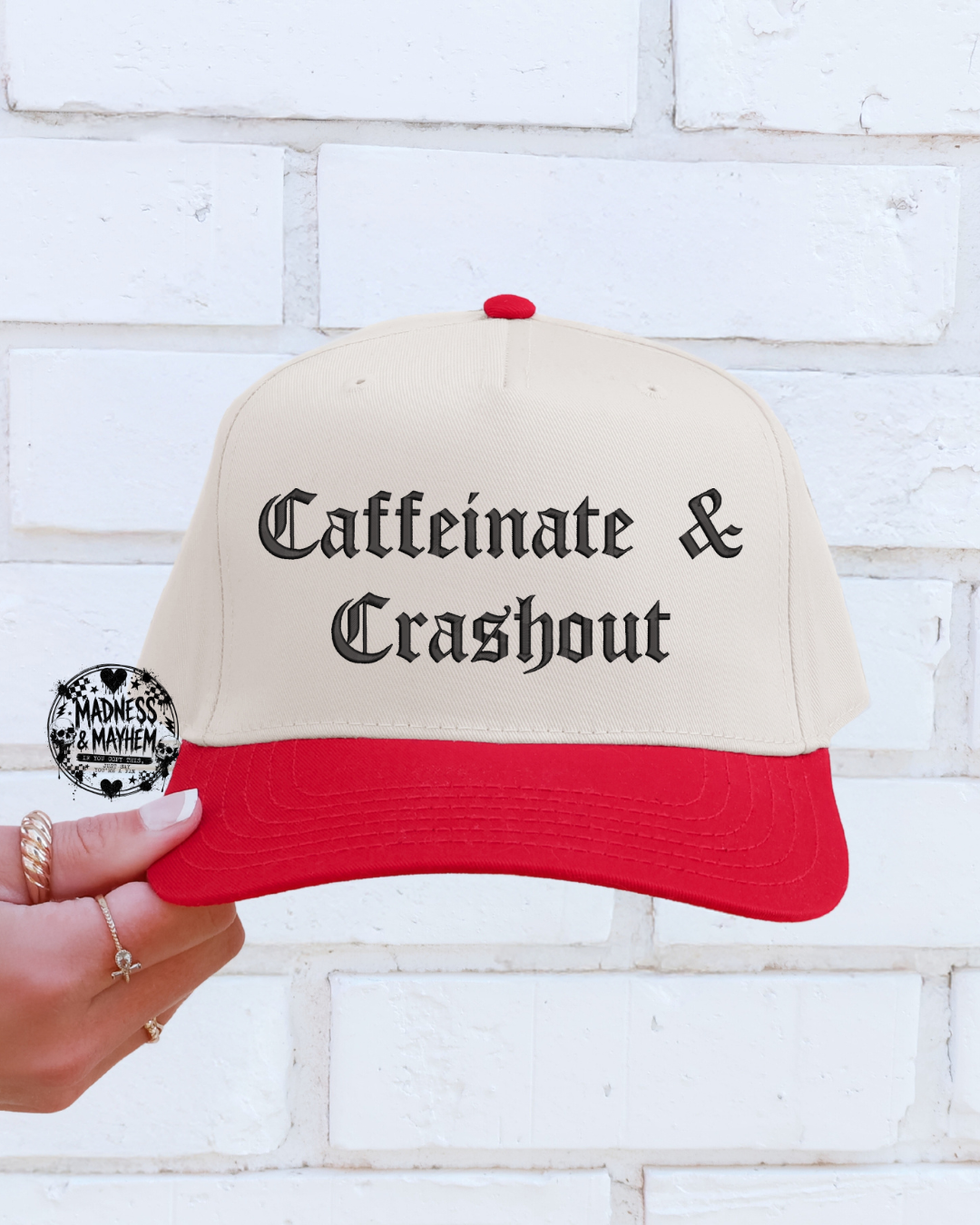 Caffeinate & crashout embroidered red/nautral Hat