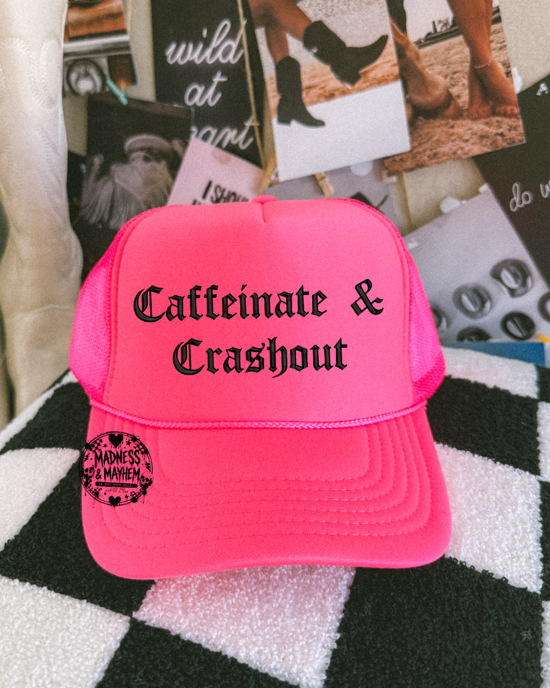 Neon pink Caffeinate & crashout embroidered Trucker Hat