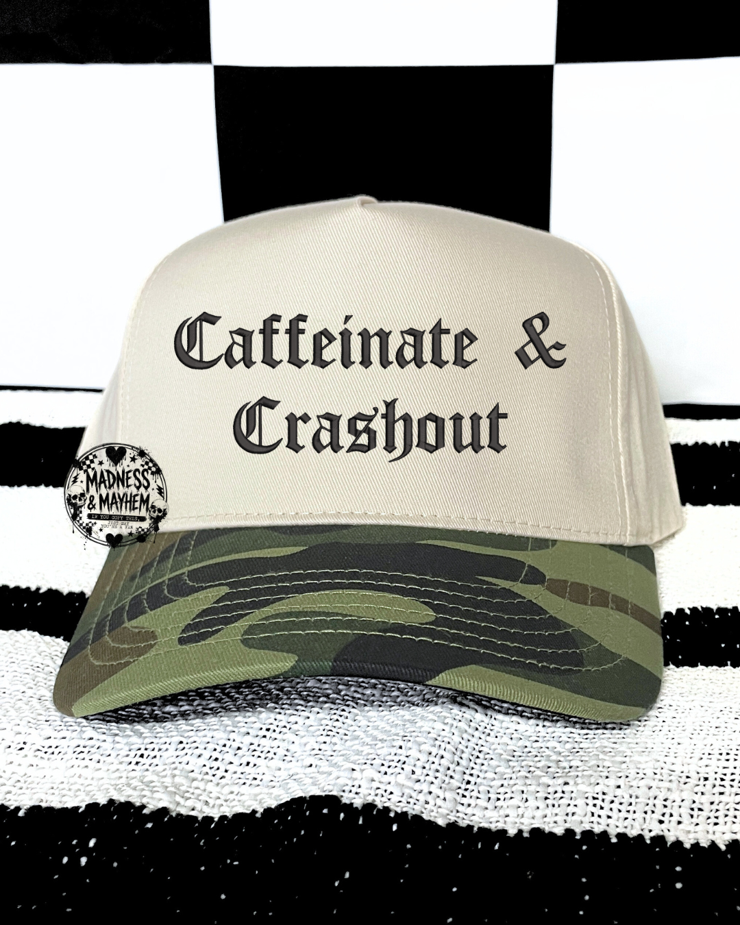 Caffeinate & crashout camo embroidered Hat