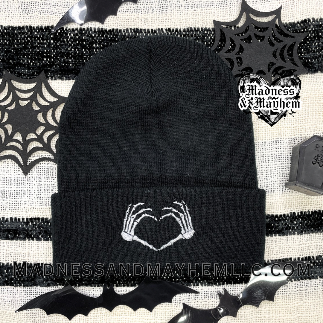 Skeleton heart hands embroidered beanie