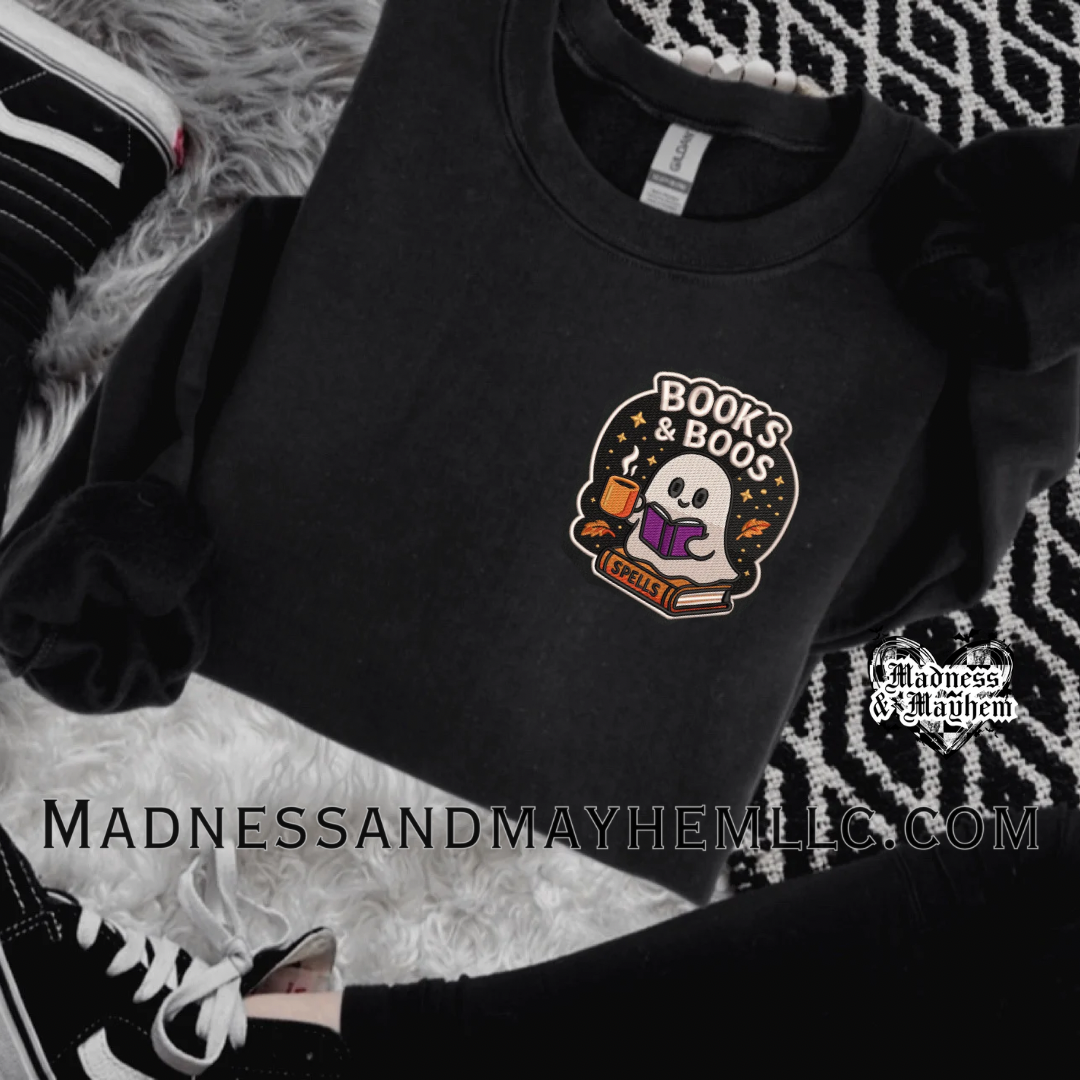 Embroidered Books & boos crew neck sweatshirt