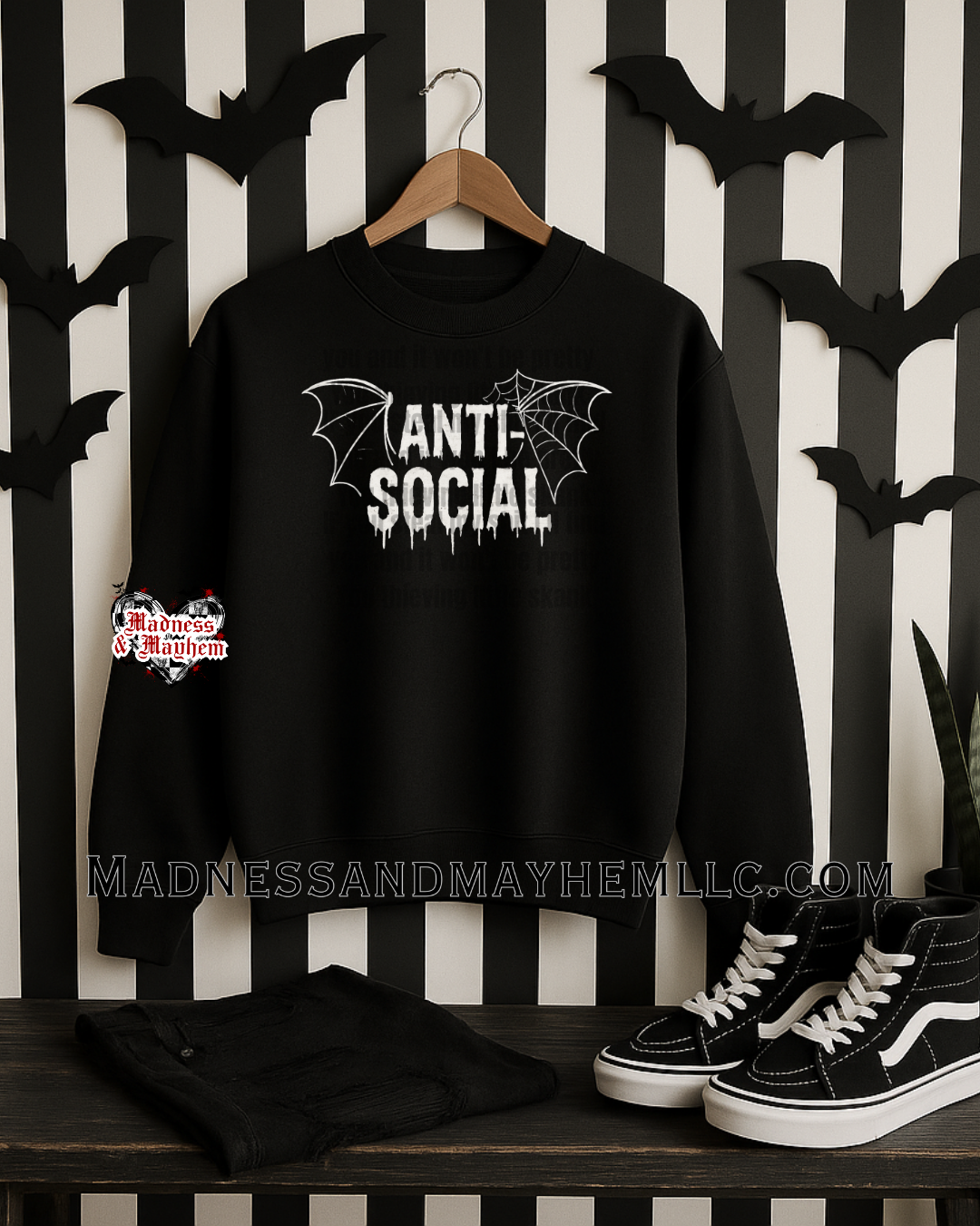 White anti social bat crew neck sweatshirt