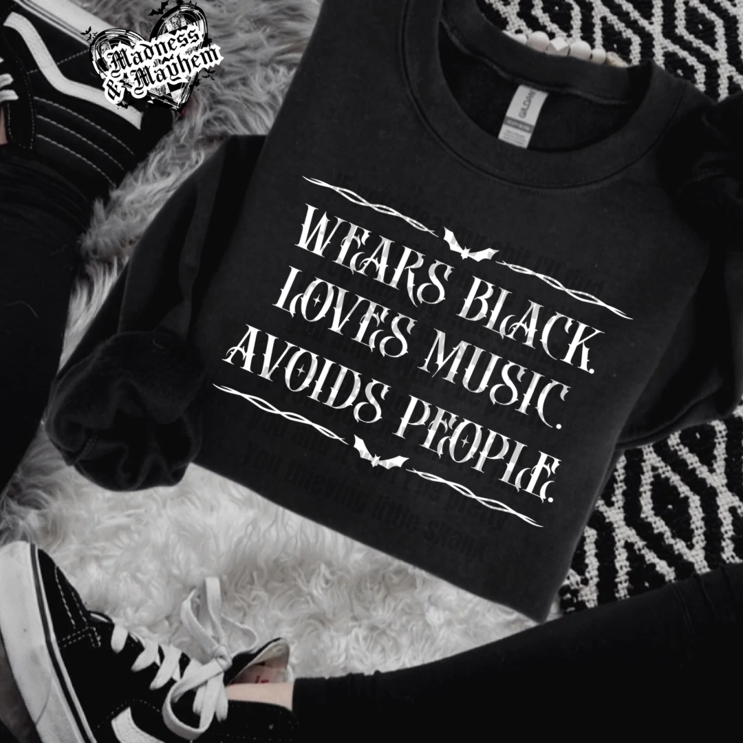 Wears black loves music exclusive crew neck sweatshirt (finished product)