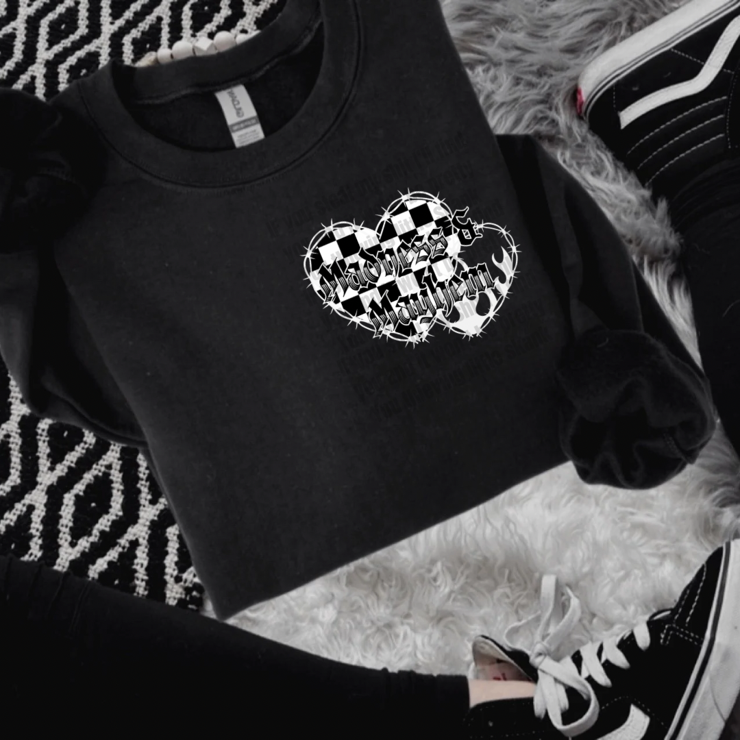 Madness & Mayhem barb wire heart exclusive crew neck sweatshirt (finished product)
