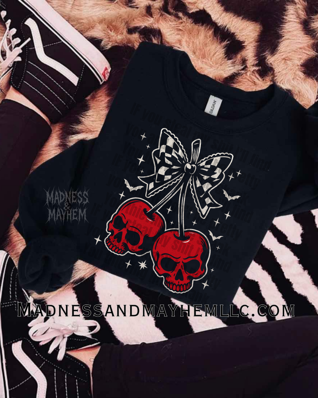 Checkered skull cherry crew neck sweatshirt