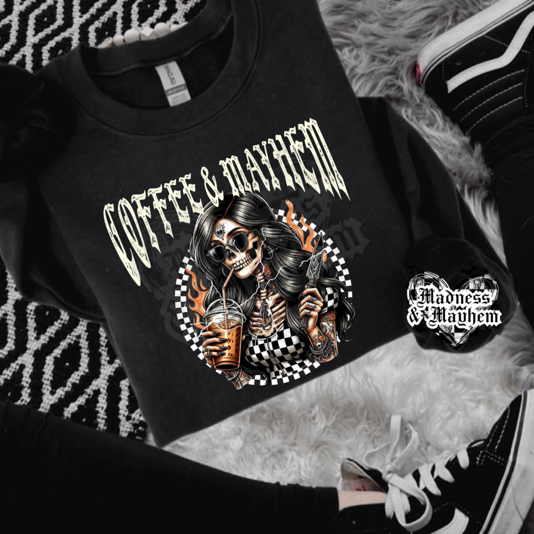 Coffee & Mayhem sweatshirt (finished product)