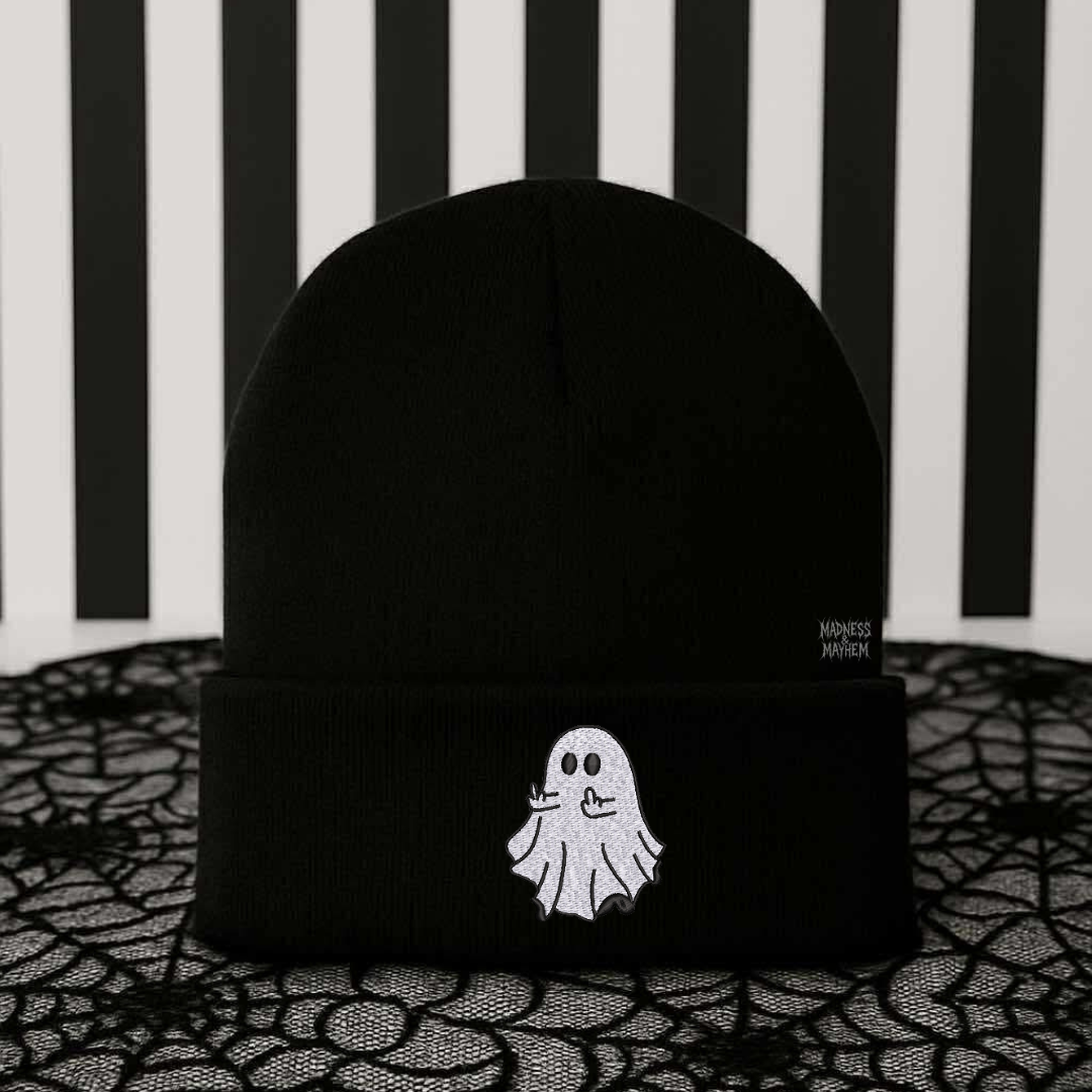 Middle finger ghost embroidered beanie