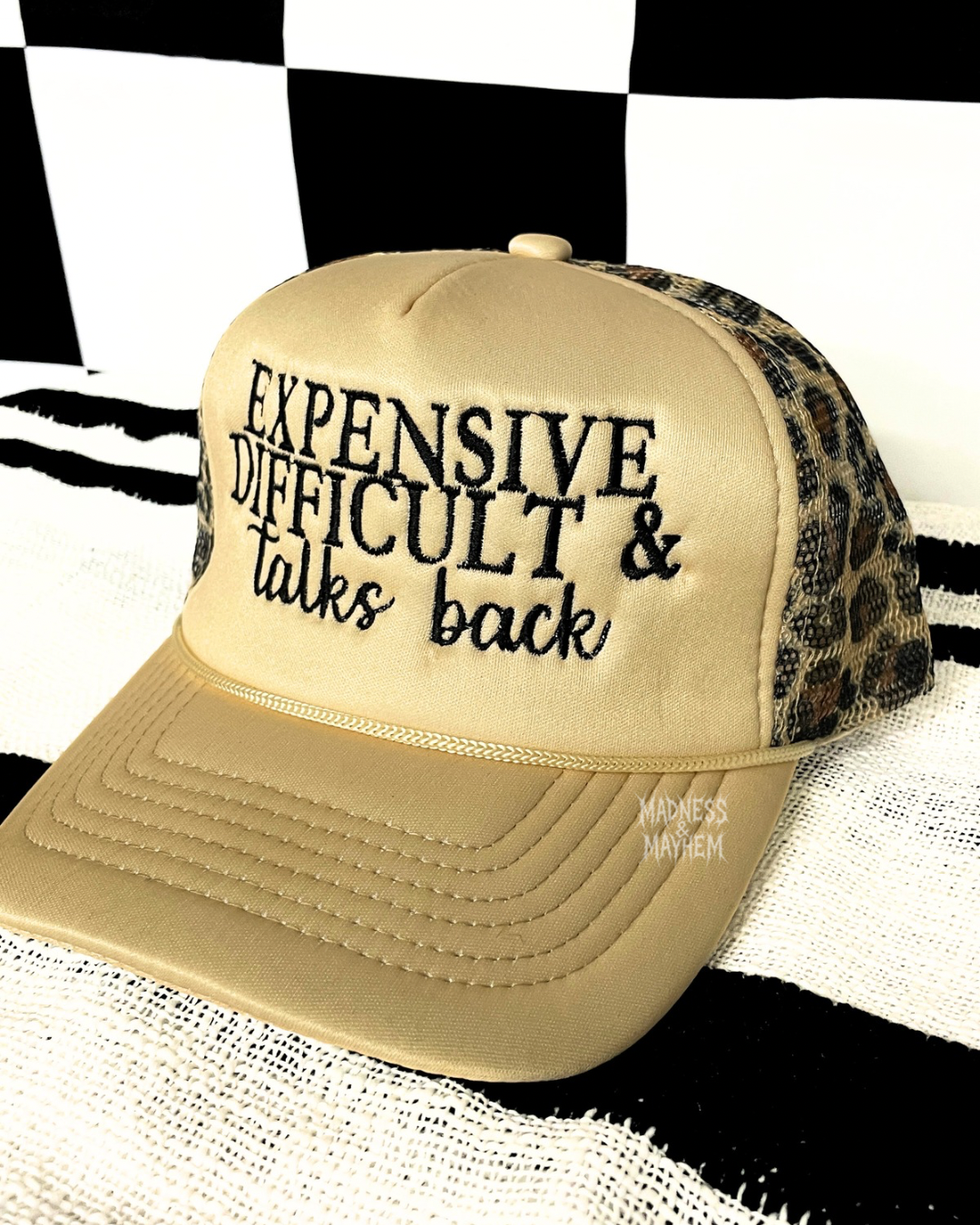 LIMITED Expensive difficult & talks back leopard embroidered Trucker Hat