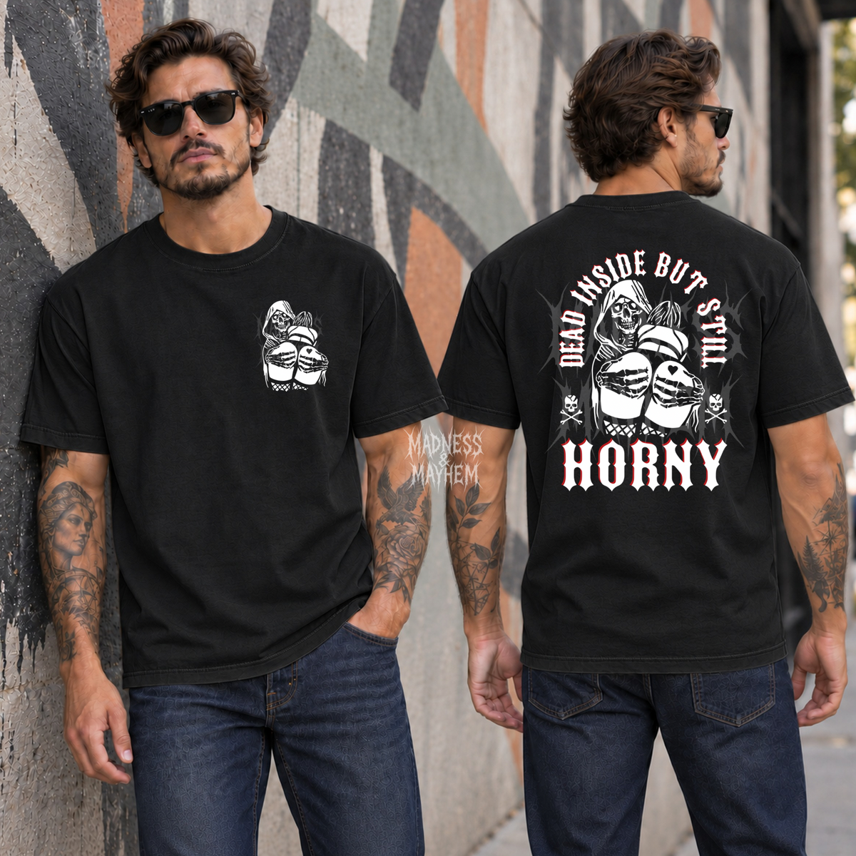 Mens dead inside horny front/back TShirt