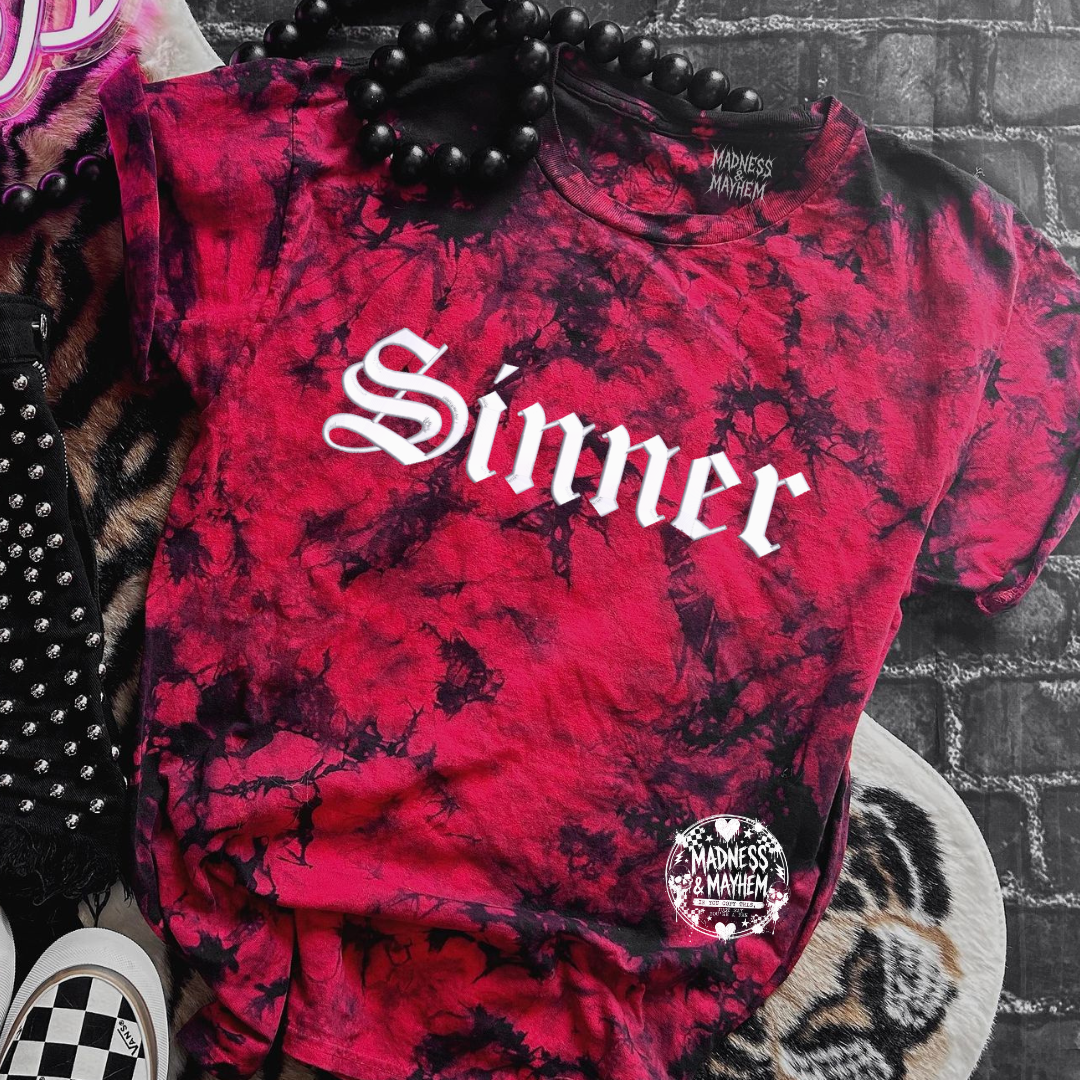 Red sinner embroidered tie dye T-shirt