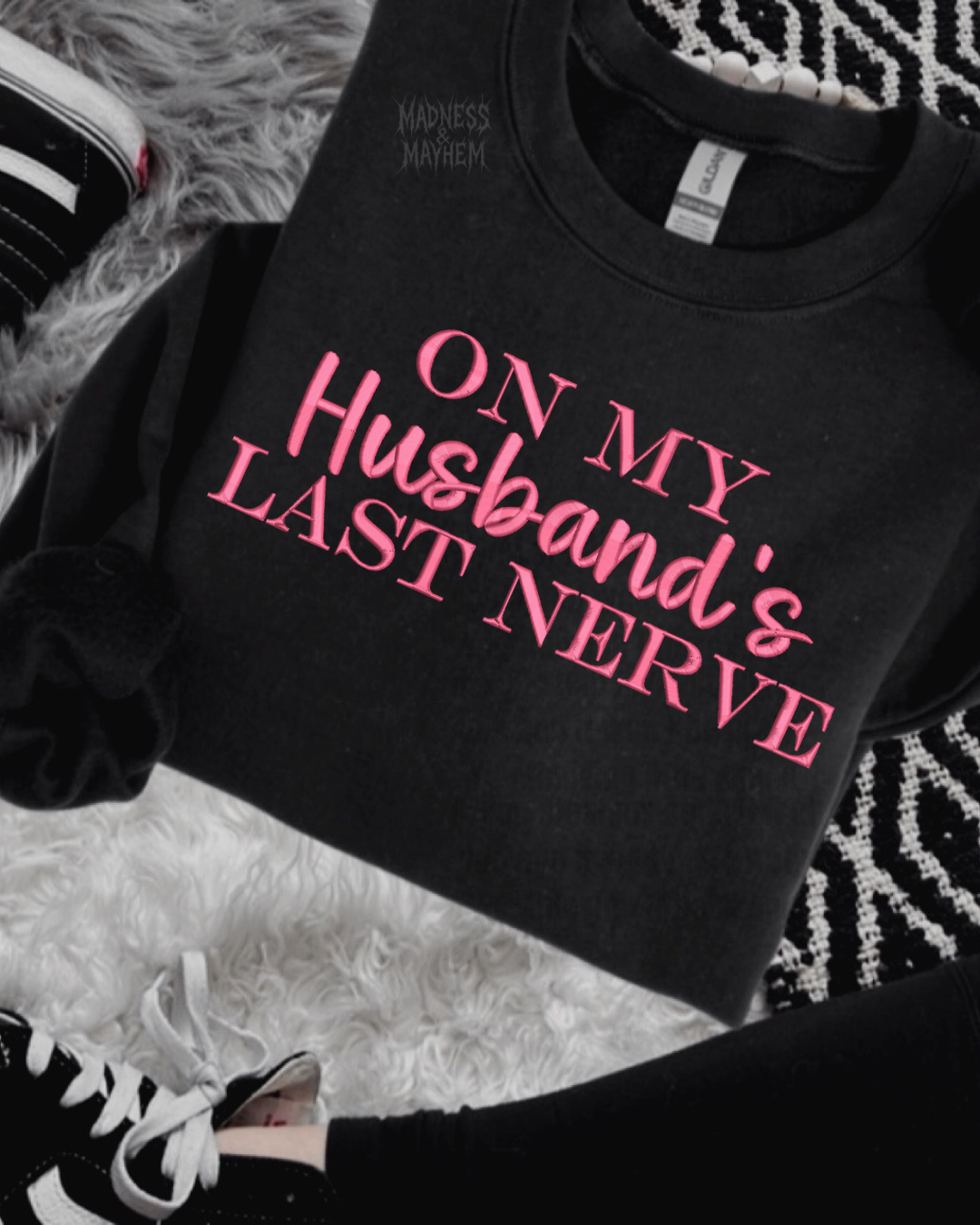 On my husband’s last never embroidered sweatshirt