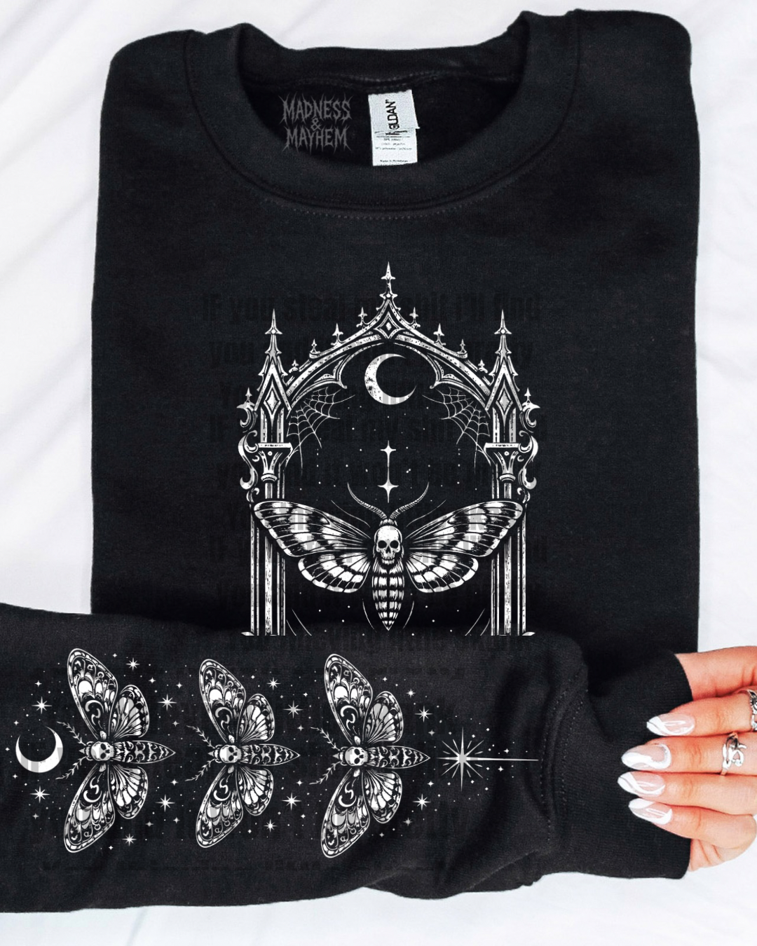 Death moth with sleeves crew neck sweatshirt