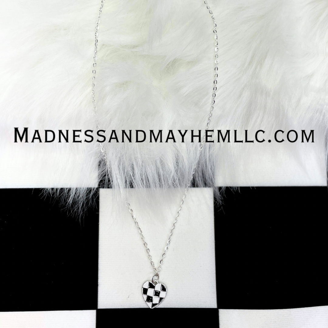 Silver Checkered Hear Necklace