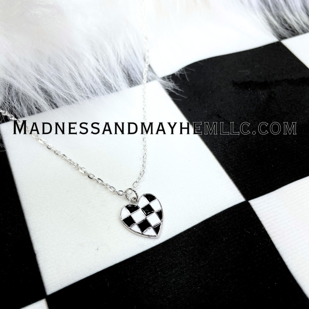 Silver Checkered Hear Necklace