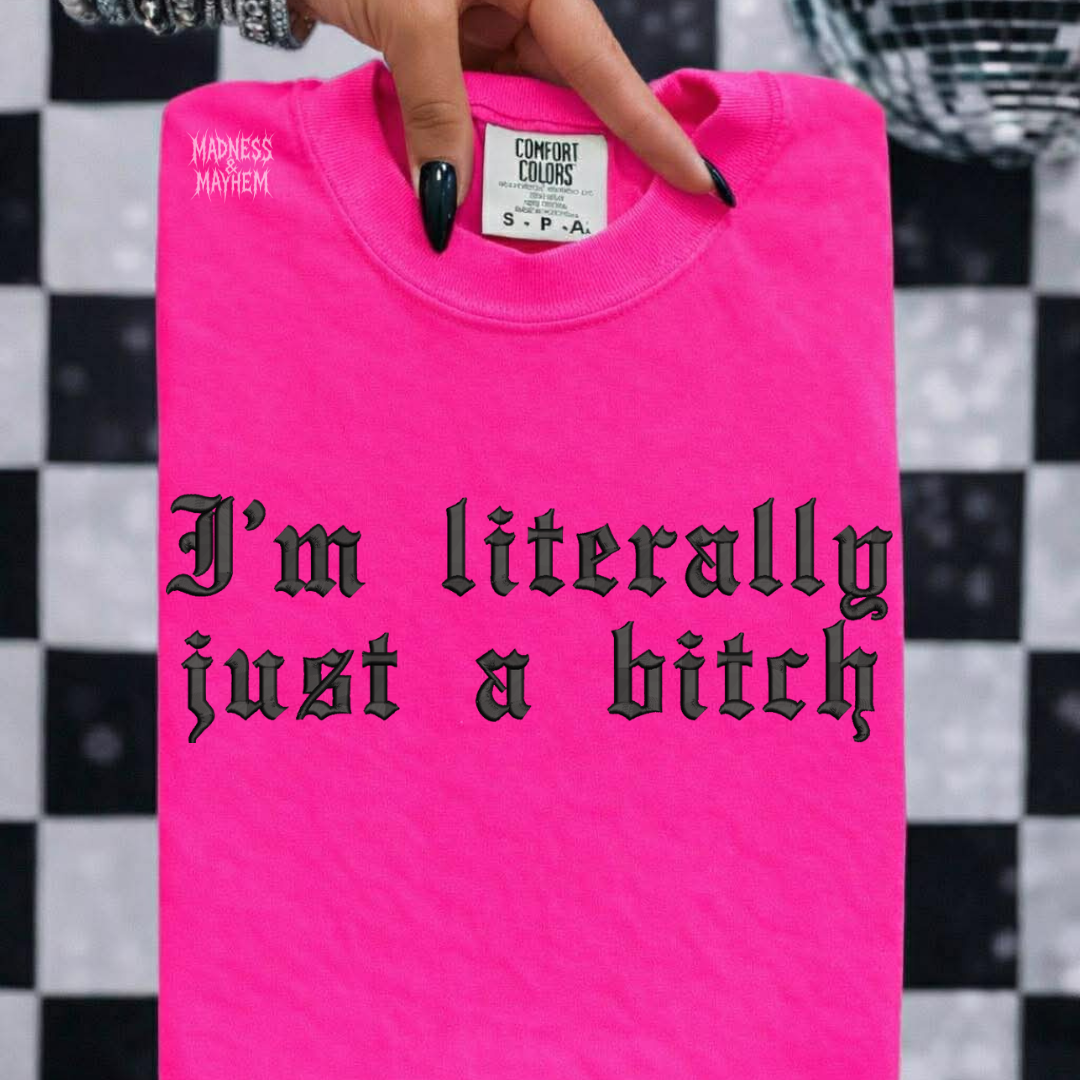 Literally just a bitch neon pink embroidered tshirt