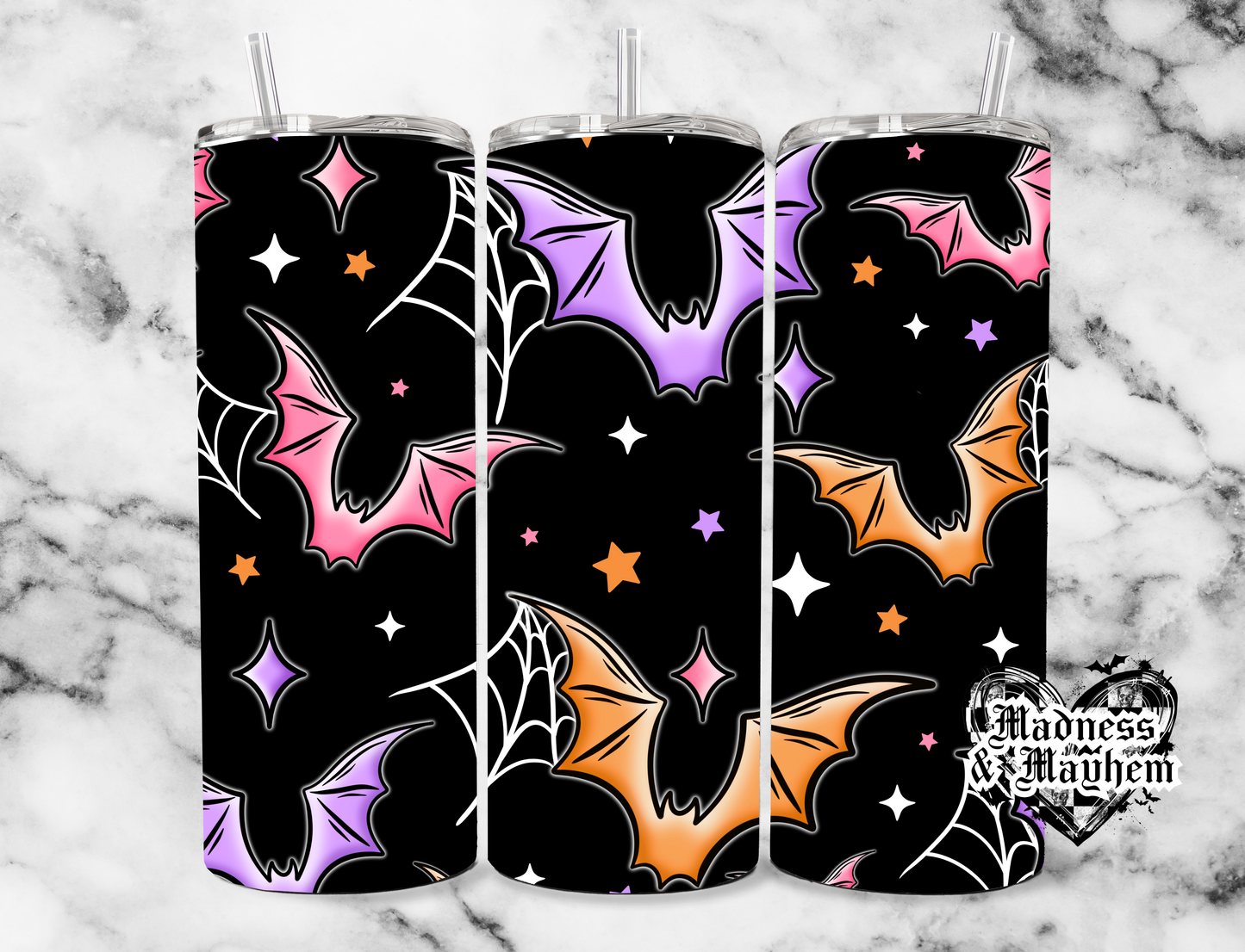 Colorful bats oz tumbler (finished product)