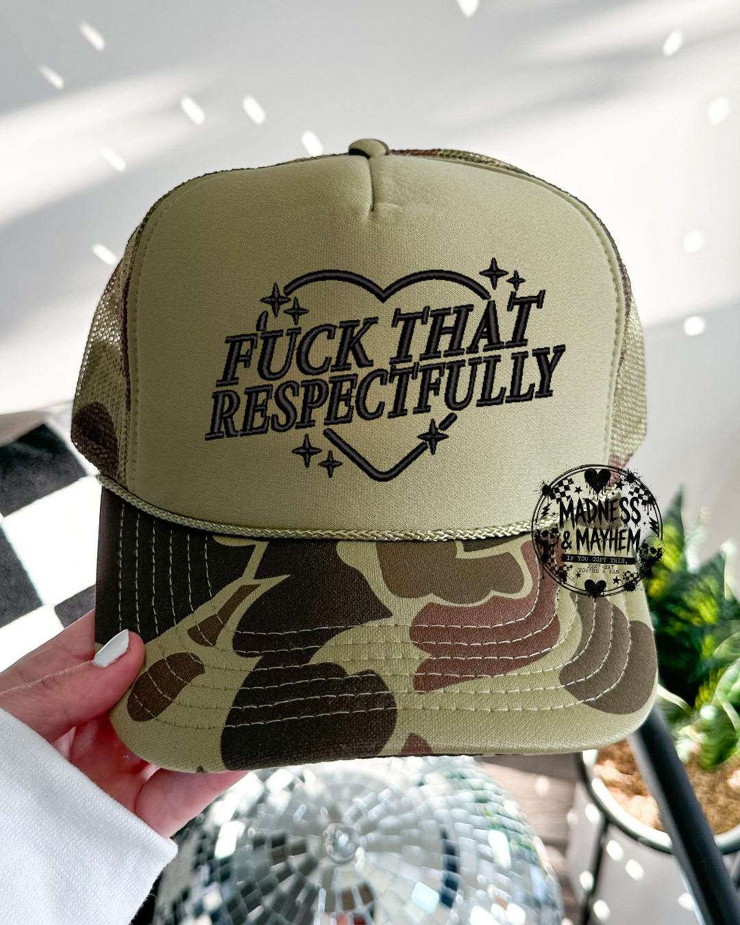 fuck that embroidered camo Trucker Hat