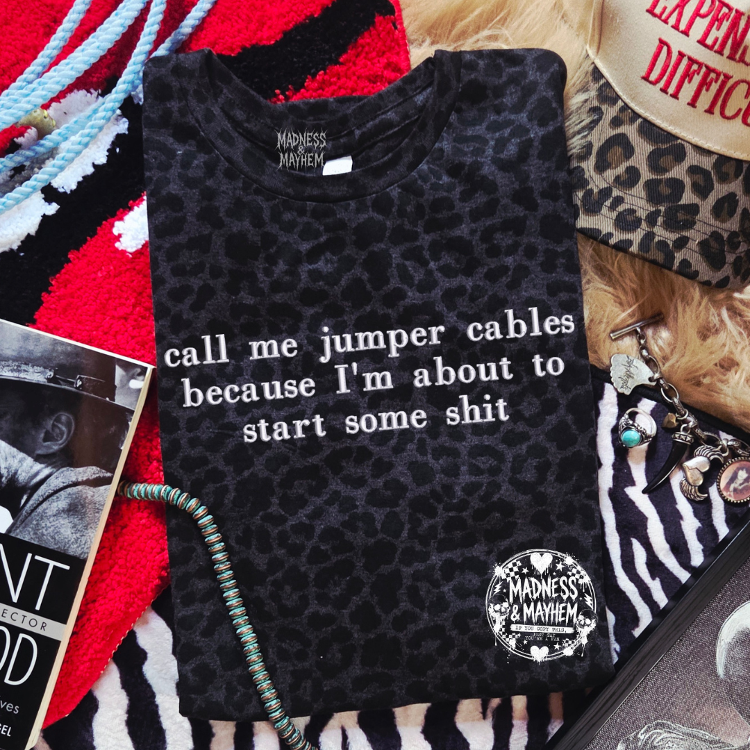 Jumper cables embroidered leopard print T-shirt