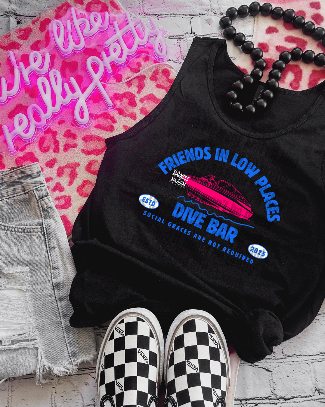 Friends in low places dive bar unisex tank
