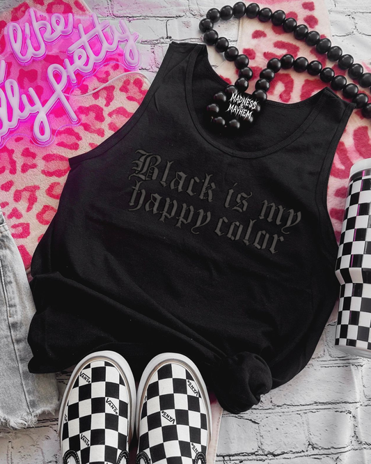 black is my happy color embroidered unisex tank