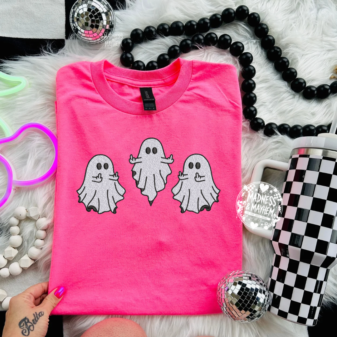 Neon pink middle finger ghost embroidered tshirt