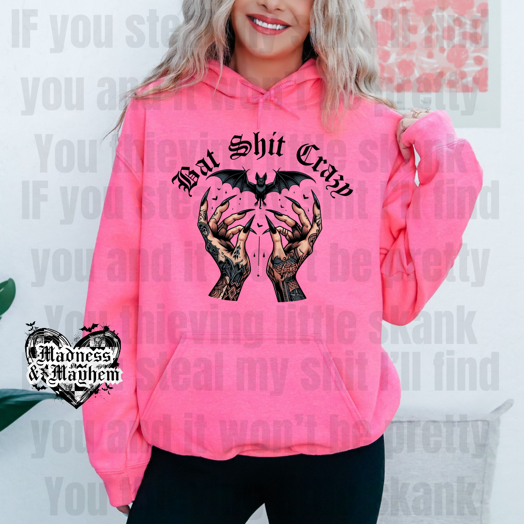 NEON PINK Bat shit crazy hoodie (finished product)