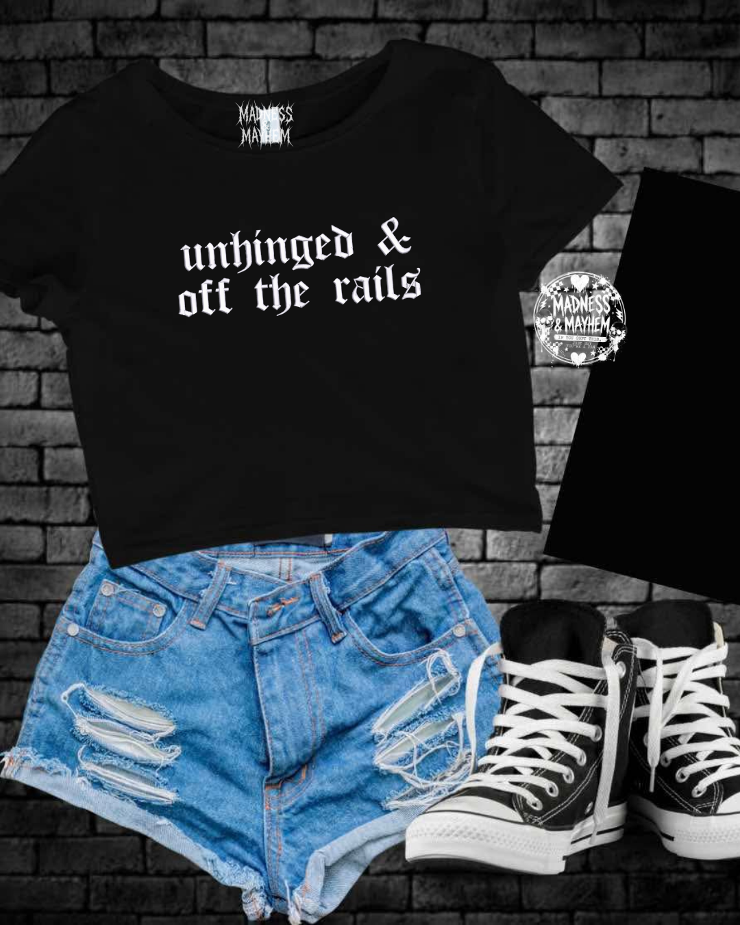 Unhinged & off the rails embroidered cropped tee