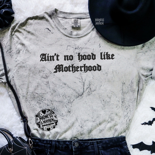 No hood like motherhood embroidered color blast tshirt